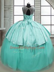On Sale Turquoise Sleeveless Tulle Brush Train Lace Up Quince Ball Gowns for Military Ball and Sweet 16 and Quinceanera