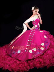 Embroidery and Ruffles Ball Gown Prom Dress Fuchsia Lace Up Sleeveless Brush Train