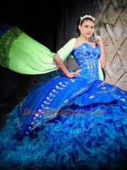 Hot Sale Royal Blue Ball Gowns Embroidery and Ruffles 15 Quinceanera Dress Lace Up Organza Sleeveless