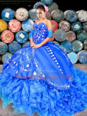 Hot Sale Royal Blue Ball Gowns Embroidery and Ruffles 15 Quinceanera Dress Lace Up Organza Sleeveless