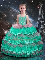 Turquoise Sleeveless Floor Length Beading and Ruffled Layers Lace Up Pageant Gowns For Girls