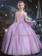Trendy Lilac Straps Lace Up Beading Little Girls Pageant Dress Sleeveless