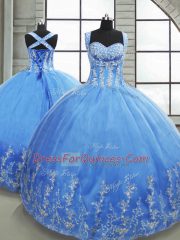 Sleeveless Tulle Floor Length Lace Up Quinceanera Gown in Baby Blue with Beading and Appliques