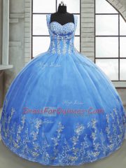 Sleeveless Tulle Floor Length Lace Up Quinceanera Gown in Baby Blue with Beading and Appliques