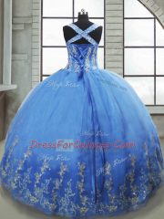 Sleeveless Tulle Floor Length Lace Up Quinceanera Gown in Baby Blue with Beading and Appliques