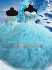 Superior Beading and Pick Ups Quinceanera Gowns Aqua Blue Lace Up Sleeveless Floor Length