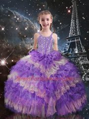 Lilac Lace Up Straps Beading and Ruffled Layers Little Girl Pageant Dress Organza Sleeveless