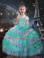 Affordable Turquoise Lace Up Straps Beading and Ruffled Layers Little Girls Pageant Dress Wholesale Organza Sleeveless