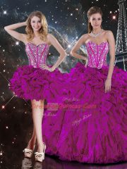 Fuchsia Sleeveless Beading and Ruffles Floor Length Quinceanera Dresses