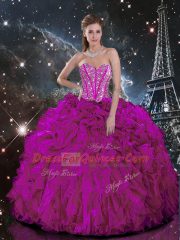Fuchsia Sleeveless Beading and Ruffles Floor Length Quinceanera Dresses