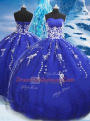 Enchanting Blue Ball Gowns Appliques Sweet 16 Dress Lace Up Organza Sleeveless Floor Length