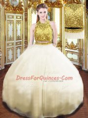 Deluxe Champagne Zipper Ball Gown Prom Dress Beading Sleeveless Floor Length