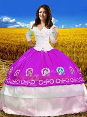 Noble Fuchsia Off The Shoulder Neckline Embroidery Quinceanera Dress 3 4 Length Sleeve Lace Up