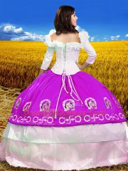 Noble Fuchsia Off The Shoulder Neckline Embroidery Quinceanera Dress 3 4 Length Sleeve Lace Up
