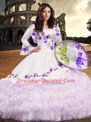 Fantastic White Ball Gowns Embroidery and Ruffled Layers Quince Ball Gowns Lace Up Organza Long Sleeves Floor Length