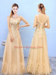 Sexy Gold Damas Dress Wedding Party with Beading and Appliques Scoop Sleeveless Lace Up