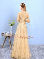 Sexy Gold Damas Dress Wedding Party with Beading and Appliques Scoop Sleeveless Lace Up