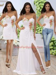 Stunning White Zipper One Shoulder Appliques Prom Dress Elastic Woven Satin Sleeveless