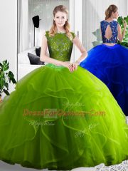 Floor Length Olive Green 15 Quinceanera Dress Tulle Sleeveless Lace and Ruffles