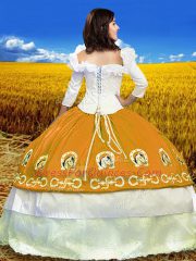 Fabulous Orange Ball Gowns Off The Shoulder 3 4 Length Sleeve Taffeta Floor Length Lace Up Embroidery Quinceanera Gown