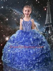 Beauteous Straps Sleeveless Girls Pageant Dresses Floor Length Beading and Ruffles Blue Organza