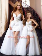 V-neck Sleeveless Lace Up Prom Party Dress White Tulle