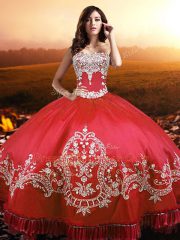 Strapless Sleeveless Sweet 16 Quinceanera Dress Floor Length Beading and Appliques and Embroidery Coral Red Taffeta