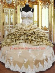Suitable Champagne Sleeveless Floor Length Beading and Appliques and Ruffled Layers and Pick Ups Lace Up Quinceanera Dresses
