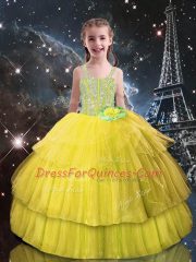 Floor Length Ball Gowns Sleeveless Light Yellow Little Girls Pageant Gowns Lace Up