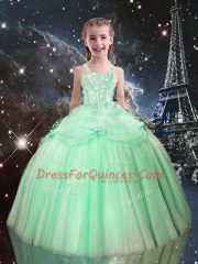 Apple Green Ball Gowns Tulle Straps Sleeveless Beading Floor Length Lace Up Little Girl Pageant Dress