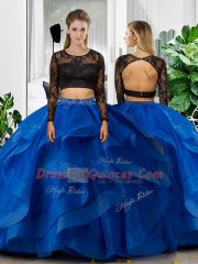 Flirting Scoop Long Sleeves 15th Birthday Dress Floor Length Lace and Ruffles Blue Tulle