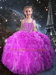 Fuchsia Sleeveless Beading and Ruffles Floor Length Little Girl Pageant Dress