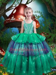 Floor Length Ball Gowns Sleeveless Green Little Girl Pageant Dress Lace Up