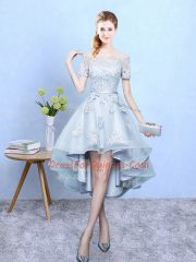 Simple Light Blue Short Sleeves Lace High Low Vestidos de Damas