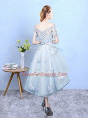 Simple Light Blue Short Sleeves Lace High Low Vestidos de Damas