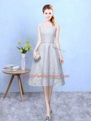 Spectacular Grey Zipper Scoop Lace Dama Dress for Quinceanera Lace Sleeveless