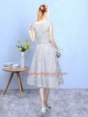 Spectacular Grey Zipper Scoop Lace Dama Dress for Quinceanera Lace Sleeveless