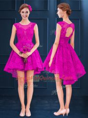 Beauteous Fuchsia Lace Up Scoop Lace and Belt Vestidos de Damas Satin and Tulle Sleeveless