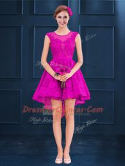 Beauteous Fuchsia Lace Up Scoop Lace and Belt Vestidos de Damas Satin and Tulle Sleeveless