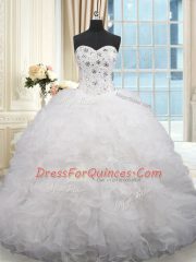 Flare Sleeveless Organza Brush Train Lace Up 15th Birthday Dress in White with Beading and Ruffles