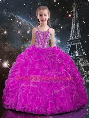 Hot Sale Fuchsia Ball Gowns Straps Sleeveless Organza Floor Length Lace Up Beading and Ruffles Girls Pageant Dresses