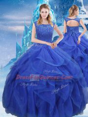 Royal Blue Lace Up Vestidos de Quinceanera Ruffles and Sequins Sleeveless Floor Length