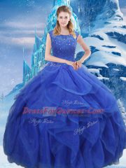 Royal Blue Lace Up Vestidos de Quinceanera Ruffles and Sequins Sleeveless Floor Length