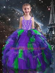 Beauteous Eggplant Purple Lace Up Kids Formal Wear Beading and Ruffles Sleeveless Floor Length