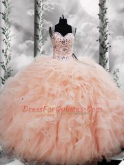 Dynamic Floor Length Ball Gowns Sleeveless Peach Ball Gown Prom Dress Lace Up
