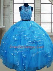 Cute Baby Blue Lace Up Scoop Beading and Ruffles 15 Quinceanera Dress Tulle Sleeveless