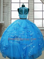 Cute Baby Blue Lace Up Scoop Beading and Ruffles 15 Quinceanera Dress Tulle Sleeveless