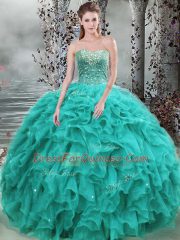 Wonderful Turquoise Organza Lace Up Quinceanera Gown Sleeveless Floor Length Beading and Ruffles