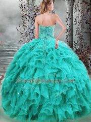 Wonderful Turquoise Organza Lace Up Quinceanera Gown Sleeveless Floor Length Beading and Ruffles