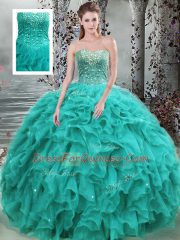 Wonderful Turquoise Organza Lace Up Quinceanera Gown Sleeveless Floor Length Beading and Ruffles